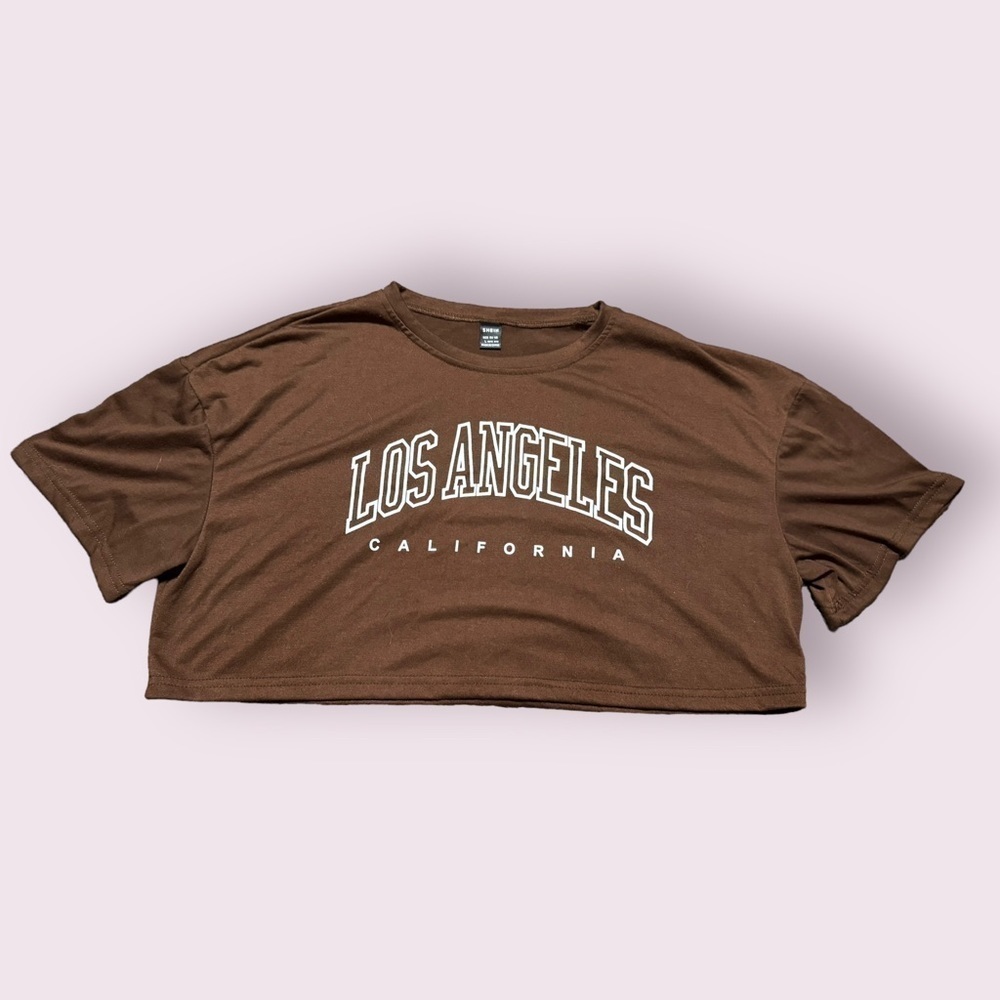 SHEIN Los Angeles Crop Top Graphic Tee Brown Boxy Short Sleeve Size L
